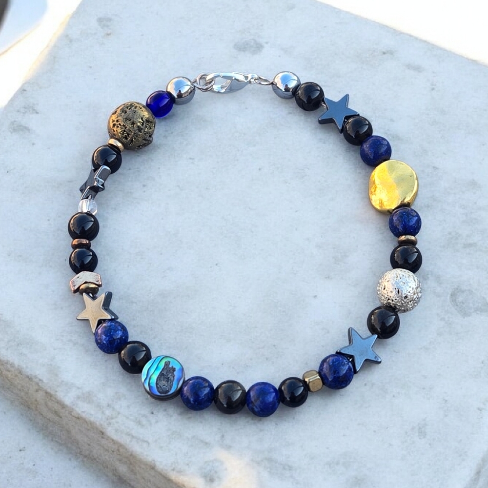 Cosmic Guardian Wire Bracelet | Lapis Lazuli, Obsidian, Hematite Stars